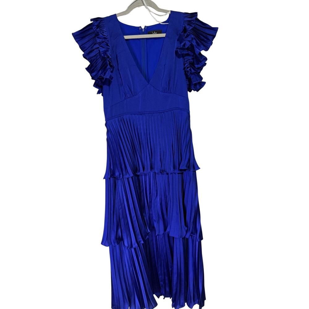 Lulus Stunning Desire Cobalt Blue Pleated Tiered Ruffle Midi Dress Large